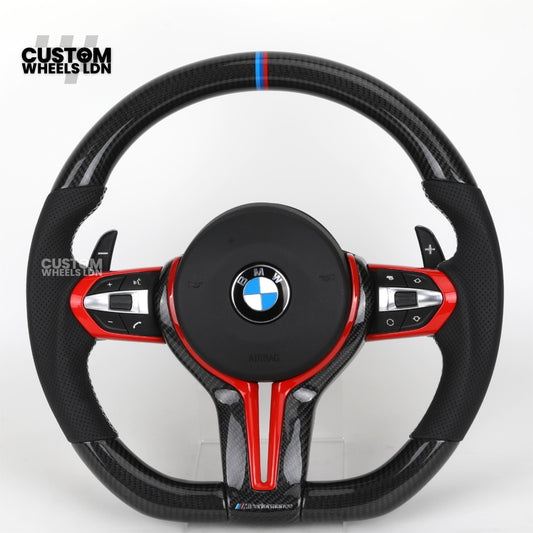 BMW Custom Carbon Fibre Steering Wheel – Red Trim | Perforated Leather | M Stripe | Plug & Play | Fits 1 Series F20, 2 Series F22, 3 Series F30, 4 Series F32, M2, M3, M4, X1 F48, X2 F39, Z4 G29 + more