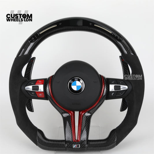 BMW Custom LED Steering Wheel – Carbon Fibre with Red Trim, Alcantara, Flat Bottom | Fits 1/2/3/4 Series, X1, X2 + more | Fits older models