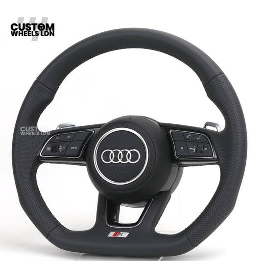 Audi Custom B9 Flat Bottom Steering Wheel – Black Leather, Silver Paddles, S Badge | Fits A4, S4, A5, S5, Q5, SQ5, A6, A7 + more | Plug & Play | With Airbag | Upgrade for Older Models Available