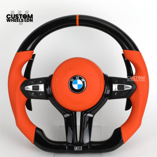 BMW Custom F-Series Piano Black & Orange Steering Wheel – Perforated Grip | Fits F20 F22 F30 F32 F36 M2 M3 M4 + more
