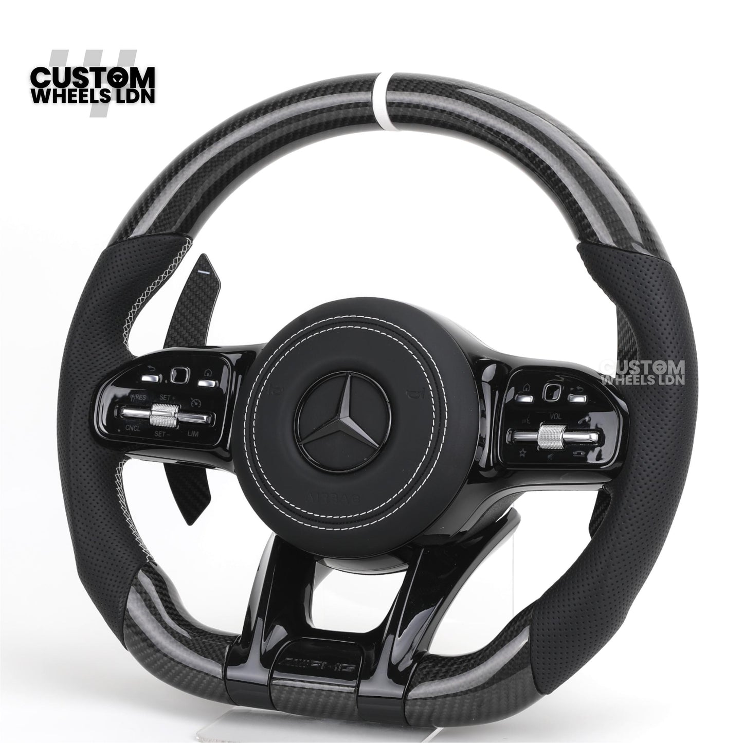 Mercedes Custom AMG Steering Wheel Carbon Fibre & Piano Black | White Stitching | AMG Style | Paddle Shifters | Complete Retrofit | Fits W205, W176, W213, A-Class, C-Class, CLA + more