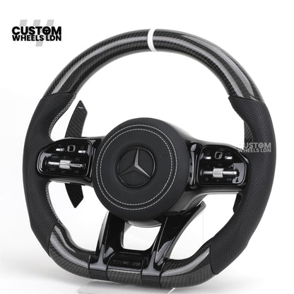 Mercedes Custom AMG Steering Wheel Carbon Fibre & Piano Black | White Stitching | AMG Style | Paddle Shifters | Complete Retrofit | Fits W205, W176, W213, A-Class, C-Class, CLA + more