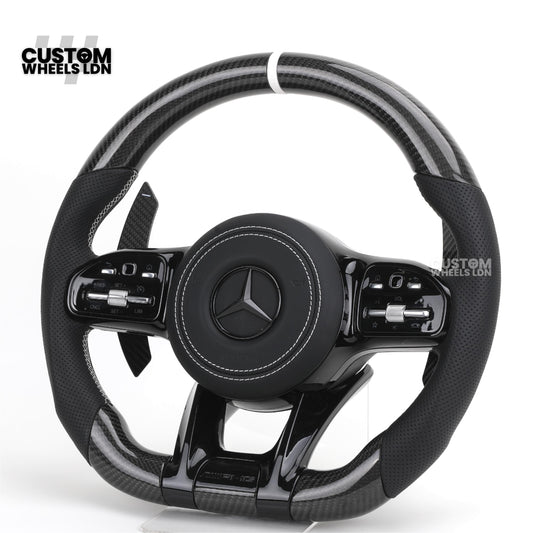 Mercedes Custom AMG Steering Wheel Carbon Fibre & Piano Black | White Stitching | AMG Style | Paddle Shifters | Complete Retrofit | Fits W205, W176, W213, A-Class, C-Class, CLA + more