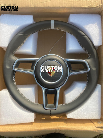 Porsche Custom Steering Wheel – Smooth Black Leather, Grey 12 O’Clock Stripe | Fits 997, 991.1, 987, Boxster, Cayman, Cayenne, Panamera + more | Plug & Play | With Airbag | Upgrade for Older Models Available