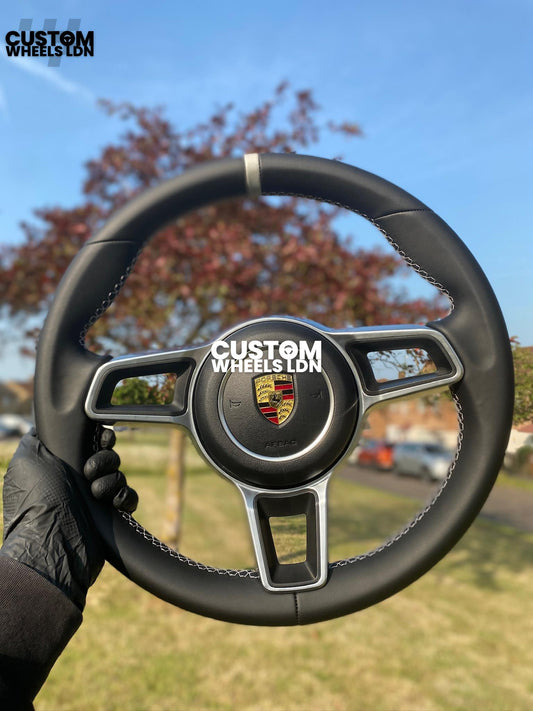 Porsche Custom Steering Wheel – Smooth Black Leather, Grey 12 O’Clock Stripe | Fits 997, 991.1, 987, Boxster, Cayman, Cayenne, Panamera + more | Plug & Play | With Airbag | Upgrade for Older Models Available
