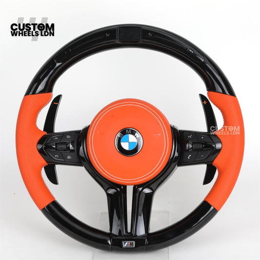 BMW Custom LED Steering Wheel – Gloss Black with Orange Leather | Fits 1/2/3/4 Series, X1, X2 + more | Flat Bottom