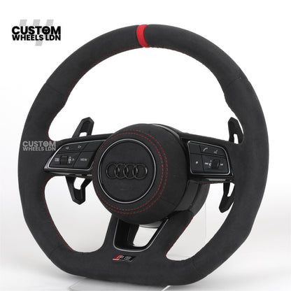 Audi Custom B9 Flat Bottom Steering Wheel – Alcantara Grip, Red Stitching, Red Centre Stripe, Black Paddles, RS3 Badge | Fits A3, S3, RS3, A4, S4, A5, S5, Q5, SQ5 + more | Plug & Play | With Airbag | Upgrade for Older Models Available