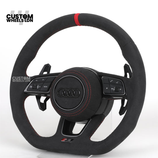 Audi Custom B9 Flat Bottom Steering Wheel – Alcantara Grip, Red Stitching, Red Centre Stripe, Black Paddles, RS3 Badge | Fits A3, S3, RS3, A4, S4, A5, S5, Q5, SQ5 + more | Plug & Play | With Airbag | Upgrade for Older Models Available