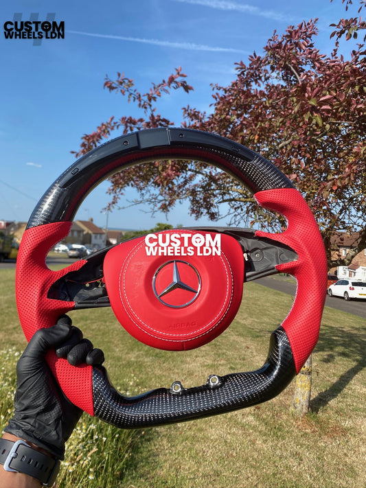 Mercedes Custom LED Flat Bottom Steering Wheel – Gloss Carbon Fibre, Red Perforated Leather, Red Airbag Cover | Fits W205, W213, W218, W222, W217, C-Class, E-Class, CLS, S-Class + more | Plug & Play | Upgrade for Older Models Available