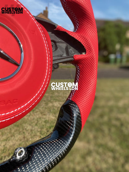 Mercedes Custom LED Flat Bottom Steering Wheel – Gloss Carbon Fibre, Red Perforated Leather, Red Airbag Cover | Fits W205, W213, W218, W222, W217, C-Class, E-Class, CLS, S-Class + more | Plug & Play | Upgrade for Older Models Available