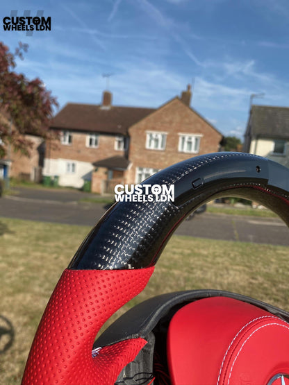 Mercedes Custom LED Flat Bottom Steering Wheel – Gloss Carbon Fibre, Red Perforated Leather, Red Airbag Cover | Fits W205, W213, W218, W222, W217, C-Class, E-Class, CLS, S-Class + more | Plug & Play | Upgrade for Older Models Available