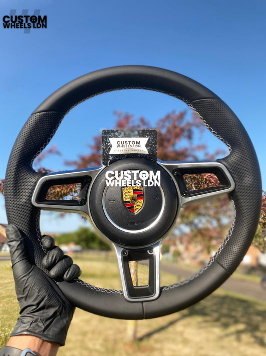 Porsche Custom Steering Wheel – Smooth Leather & Perforated Grips, Silver Trim | Fits 991, 997, 981, 987, Cayman, Boxster, Cayenne, Panamera + more | Plug & Play | With Airbag | Upgrade for Older Models Available