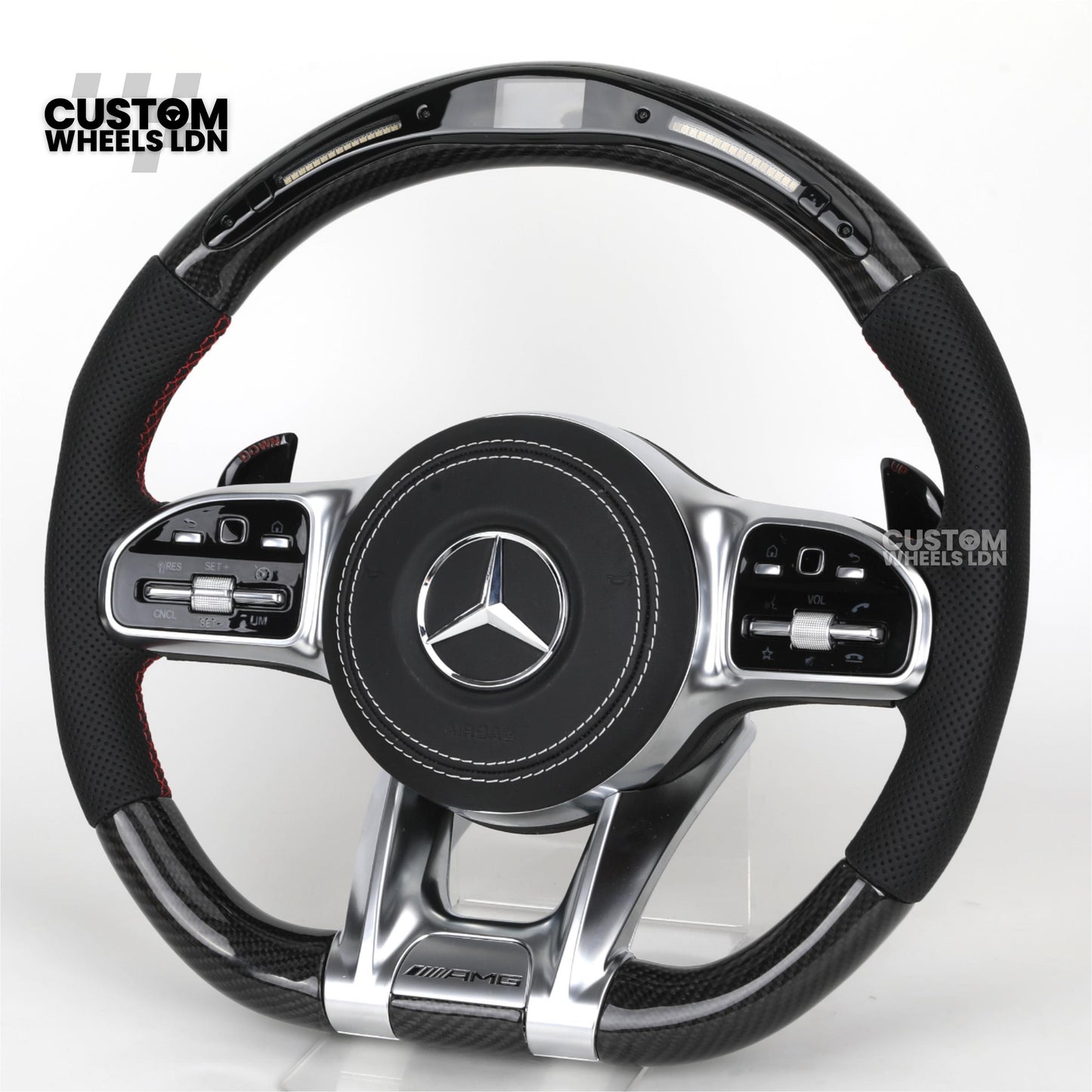 Mercedes Custom AMG Flat Bottom Steering Wheel – Perforated Leather & Carbon Fibre, LED Display, White Stitching, Brushed Silver Trim, Touch Control Buttons, AMG Badge | Fits C-Class, E-Class, CLS, GLC, GLE, G-Class + more | Plug & Play | Retrofit Upgrade