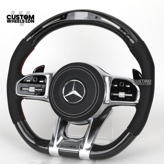 Mercedes Custom AMG Flat Bottom Steering Wheel – Perforated Leather & Carbon Fibre, LED Display, White Stitching, Brushed Silver Trim, Touch Control Buttons, AMG Badge | Fits C-Class, E-Class, CLS, GLC, GLE, G-Class + more | Plug & Play | Retrofit Upgrade