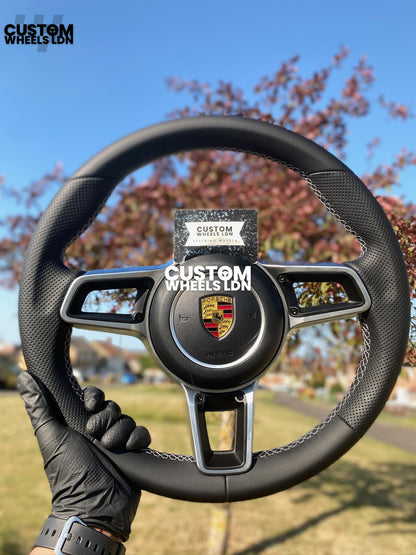 Porsche Custom Steering Wheel – Smooth Leather & Perforated Grips, Silver Trim | Fits 991, 997, 981, 987, Cayman, Boxster, Cayenne, Panamera + more | Plug & Play | With Airbag | Upgrade for Older Models Available