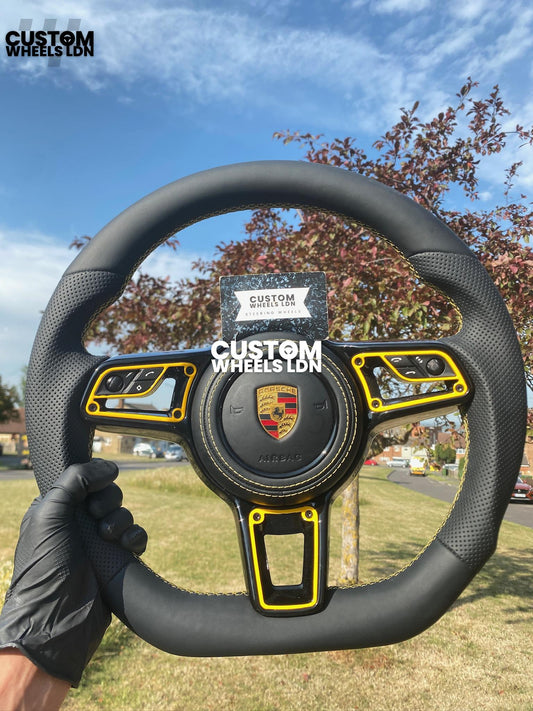 Porsche Custom Flat Bottom Steering Wheel – Smooth Leather & Perforated Grips, Yellow Contrast Stitching, Yellow Inserts, OEM Buttons | Fits 997.1, 991.1, 987, Cayman, Boxster, Macan, Cayenne + more | Plug & Play | Upgrade for Older Models Available