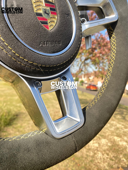 Porsche Custom OEM Shape Steering Wheel – Alcantara, Silver Paddles, Yellow Stripe & Stitching | Fits 997.1, 997.2, 991.1, Boxster, Cayman, Cayenne + more | Plug & Play | With Airbag | Upgrade for Older Models Available