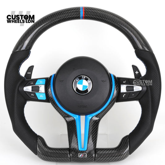 BMW Custom Carbon Fibre Steering Wheel – Blue Trim | Perforated Leather | M-Stripe Marker | Plug & Play | Fits 1 Series F20, 2 Series F22, 3 Series F30, 4 Series F32, M2, M3, M4 + more