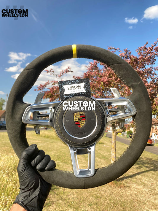 Porsche Custom OEM Shape Steering Wheel – Alcantara, Silver Paddles, Yellow Stripe & Stitching | Fits 997.1, 997.2, 991.1, Boxster, Cayman, Cayenne + more | Plug & Play | With Airbag | Upgrade for Older Models Available