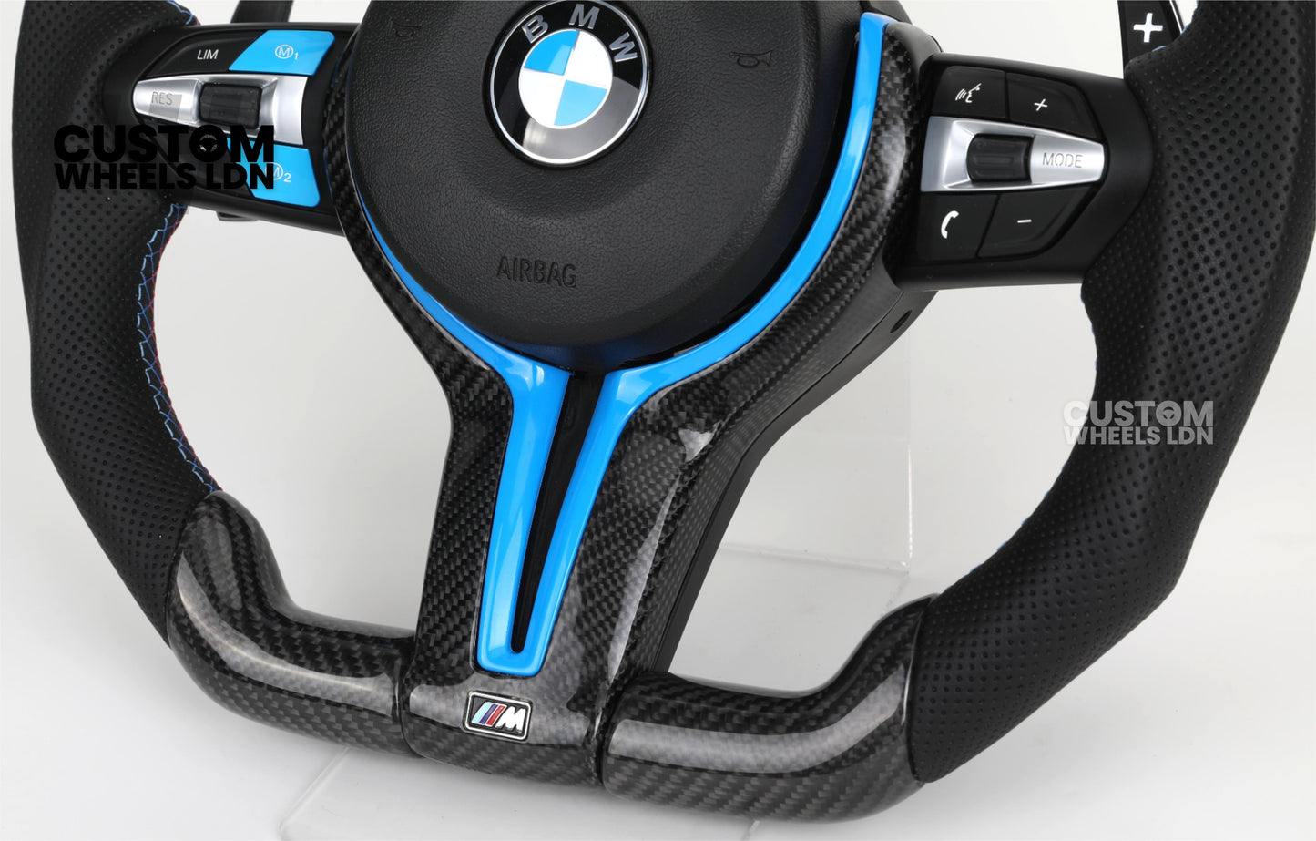 BMW Custom Carbon Fibre Steering Wheel – Blue Trim | Perforated Leather | M-Stripe Marker | Plug & Play | Fits 1 Series F20, 2 Series F22, 3 Series F30, 4 Series F32, M2, M3, M4 + more