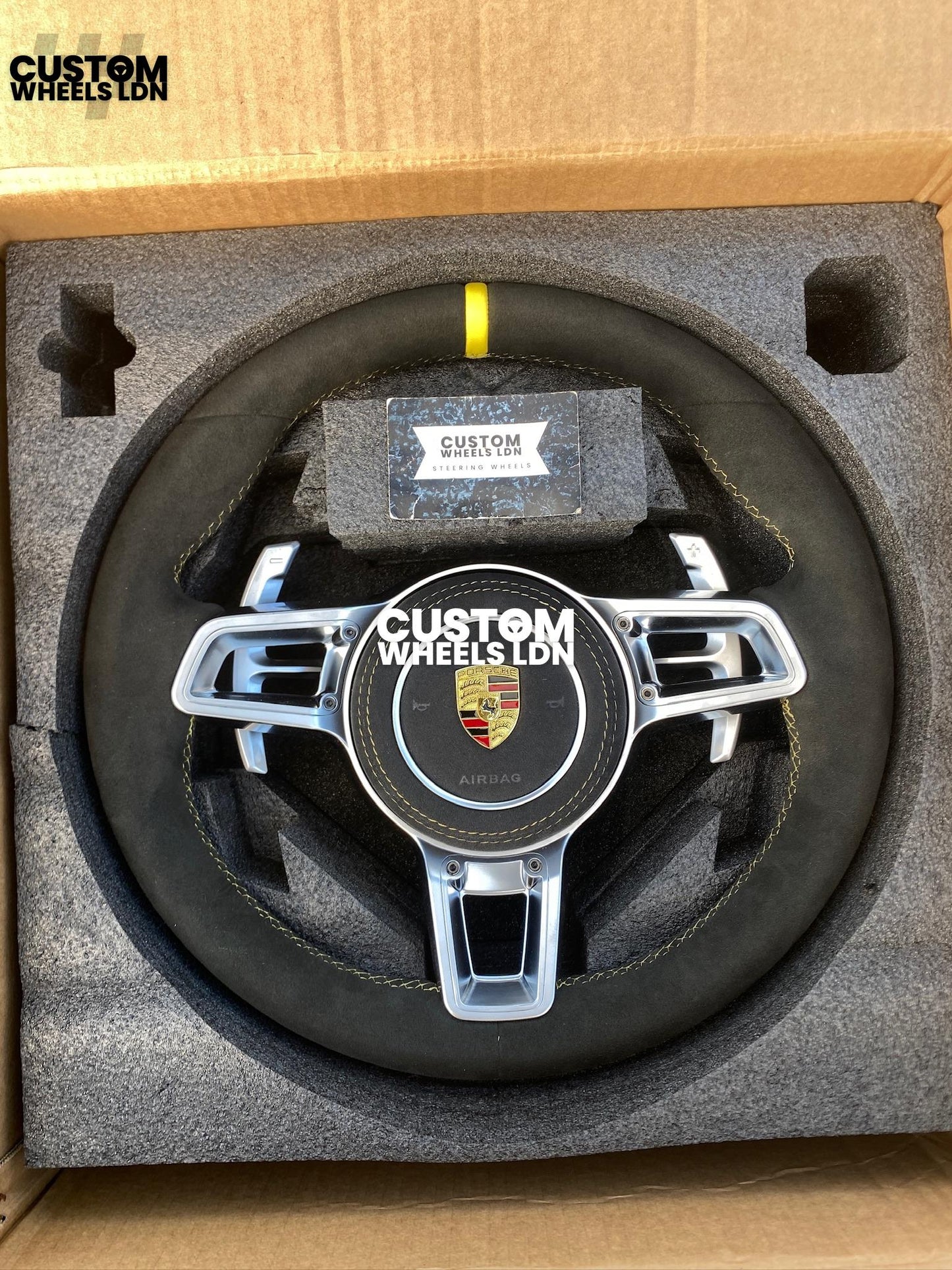 Porsche Custom OEM Shape Steering Wheel – Alcantara, Silver Paddles, Yellow Stripe & Stitching | Fits 997.1, 997.2, 991.1, Boxster, Cayman, Cayenne + more | Plug & Play | With Airbag | Upgrade for Older Models Available