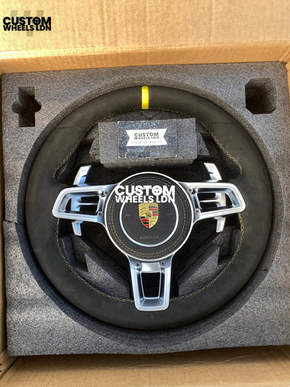 Porsche Custom OEM Shape Steering Wheel – Alcantara, Silver Paddles, Yellow Stripe & Stitching | Fits 997.1, 997.2, 991.1, Boxster, Cayman, Cayenne + more | Plug & Play | With Airbag | Upgrade for Older Models Available