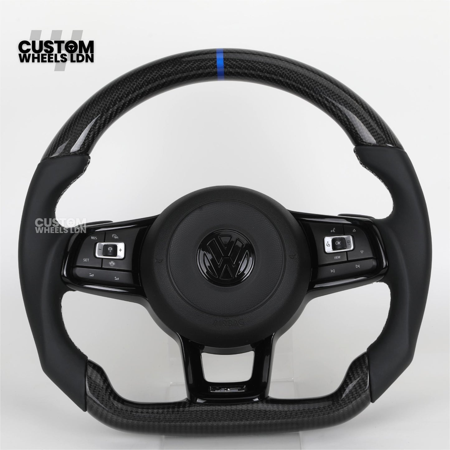 Volkswagen MK7 Custom Steering Wheel – Blue Center Stripe | Carbon Fibre & Leather | Plug & Play | Complete Steering Wheel | Fits Golf MK7 / MK6 GTI, R + more