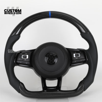 Volkswagen MK7 Custom Steering Wheel – Blue Center Stripe | Carbon Fibre & Leather | Plug & Play | Complete Steering Wheel | Fits Golf MK7 / MK6 GTI, R + more
