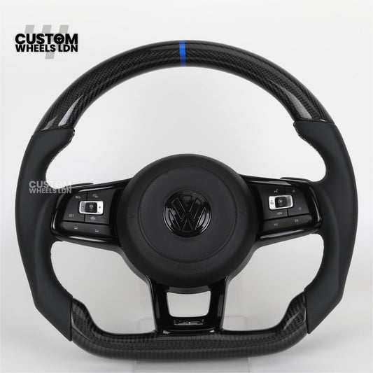 Volkswagen MK7 Custom Steering Wheel – Blue Center Stripe | Carbon Fibre & Leather | Plug & Play | Complete Steering Wheel | Fits Golf MK7 / MK6 GTI, R + more