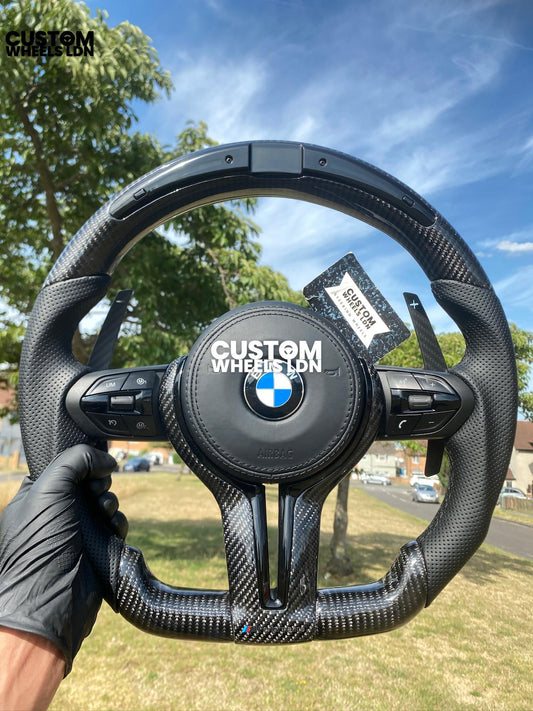 BMW Custom Flat Bottom Steering Wheel – Led rev display, Gloss Carbon Fibre, Magnetic Paddles, All-Black OEM Buttons | Fits F Series, G Series + more | Plug & Play | With Airbag | Upgrade for Older Models Available