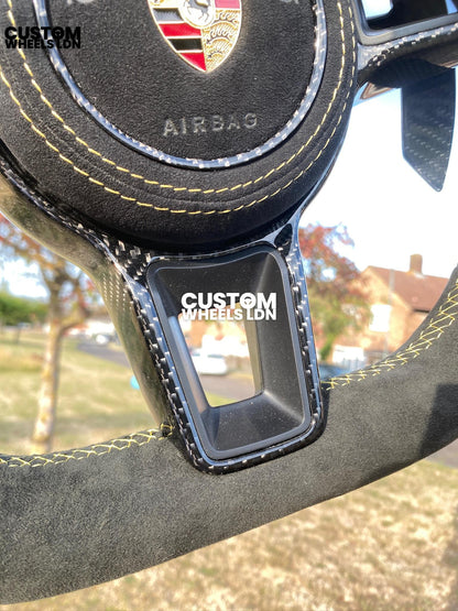 Porsche Custom Flat Bottom Steering Wheel – Alcantara x Perforated Leather, Carbon Paddles, Yellow Stitching Stripe | Fits 997, 991.1, 981, Boxster, Cayman, Cayenne (2000+ Models) + more | Plug &amp; Play | Upgrade for Older Models Available