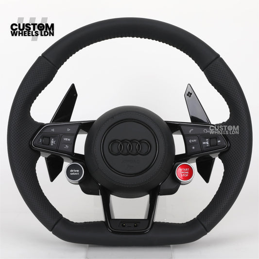 Audi Custom R8-Style Flat Bottom Steering Wheel – Black Leather, Black Stitching, Gloss Black Paddles, Start Button | Fits A4, A5, S5, A6, A7, S6, S7, Q5, SQ5 + more | Plug & Play | With Airbag | Upgrade for Older Models Available