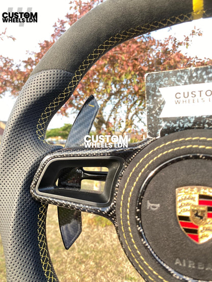 Porsche Custom Flat Bottom Steering Wheel – Alcantara x Perforated Leather, Carbon Paddles, Yellow Stitching Stripe | Fits 997, 991.1, 981, Boxster, Cayman, Cayenne (2000+ Models) + more | Plug &amp; Play | Upgrade for Older Models Available