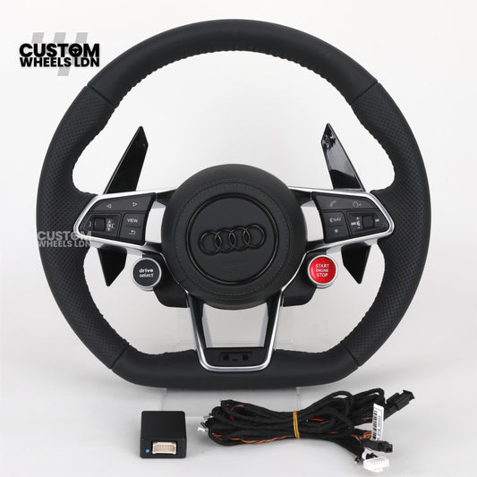 Audi Custom R8-Style Flat Bottom Steering Wheel – Black Leather, Gloss Black Paddles, Start Button, Retrofit Wiring Kit Included | Fits A4, A5, S5, A6, A7, Q5, SQ5 + more | Plug & Play | With Airbag | Upgrade for Older Models Available