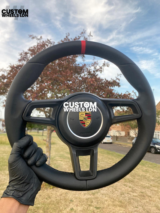 Porsche Custom Steering Wheel GT3RS Style – Smooth Black Leather, Red Centre Stripe | Fits 997, 991.1, 981, 986, Cayman, Boxster, Macan, Cayenne + more | Plug & Play | With Airbag | Upgrade for Older Models Available