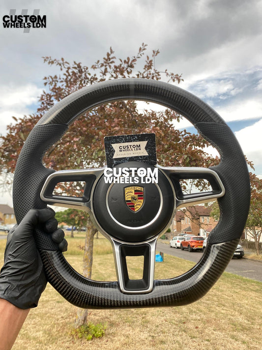 Porsche Custom Flat Bottom Steering Wheel – Gloss Carbon Fibre, Perforated Leather, Grey 12 O’Clock Stripe | Fits 997.1, 997.2, 991.1, 987, Cayman, Boxster, Macan, Cayenne + more | Plug & Play | With Airbag | Upgrade for Older Models Available