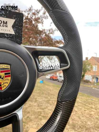 Porsche Custom Flat Bottom Steering Wheel – Gloss Carbon Fibre, Perforated Leather, Grey 12 O’Clock Stripe | Fits 997.1, 997.2, 991.1, 987, Cayman, Boxster, Macan, Cayenne + more | Plug & Play | With Airbag | Upgrade for Older Models Available