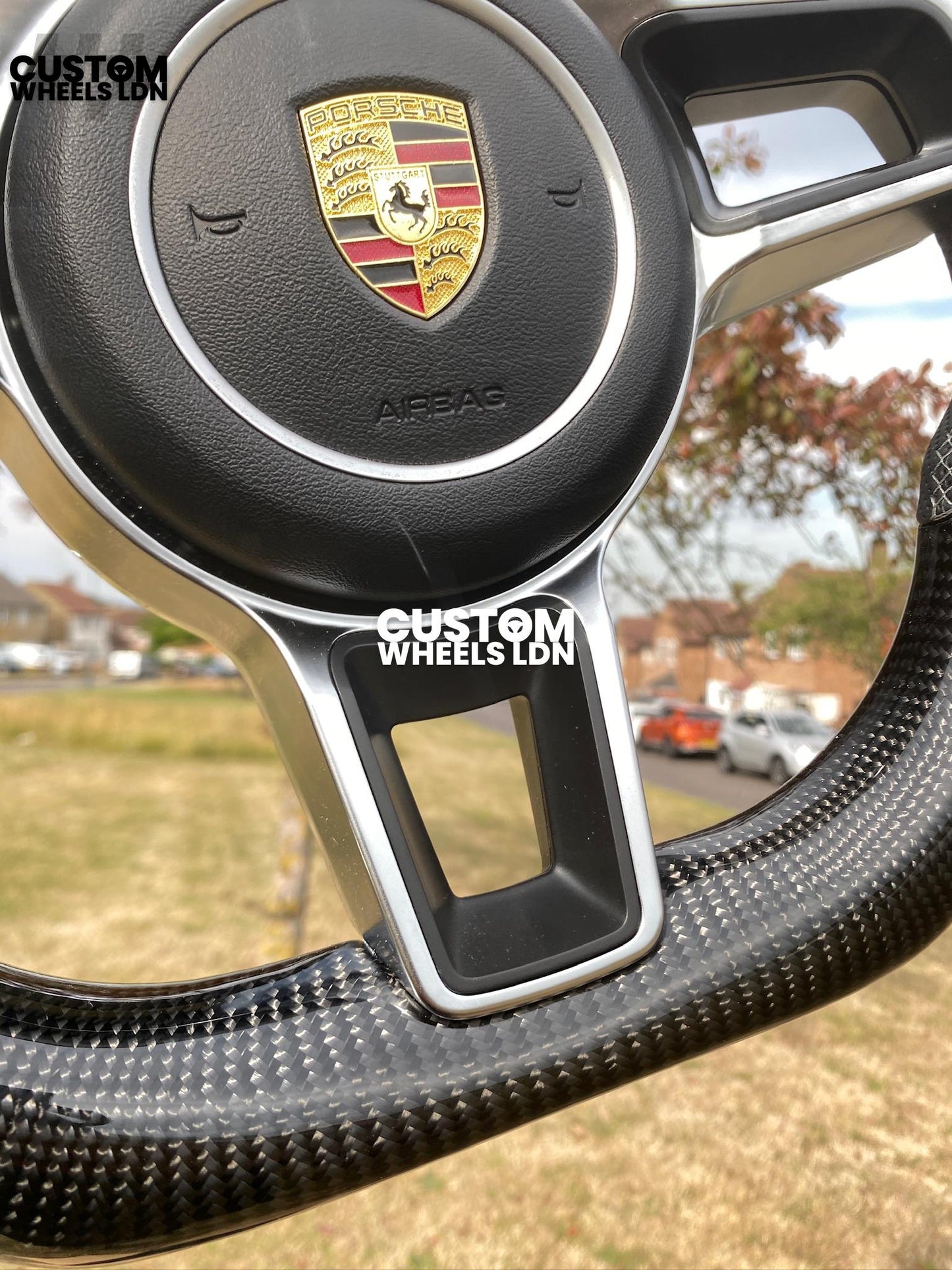 Porsche Custom Flat Bottom Steering Wheel – Gloss Carbon Fibre, Perforated Leather, Grey 12 O’Clock Stripe | Fits 997.1, 997.2, 991.1, 987, Cayman, Boxster, Macan, Cayenne + more | Plug & Play | With Airbag | Upgrade for Older Models Available