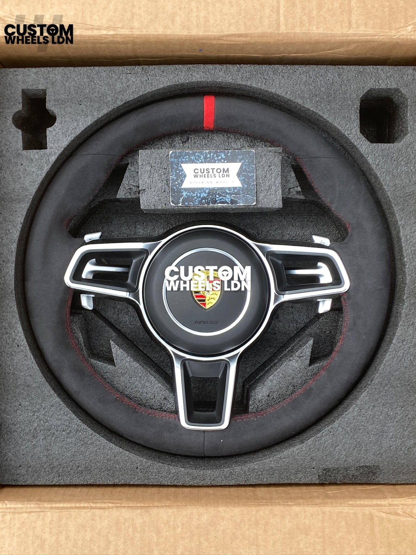 Porsche Custom Steering Wheel GT3RS Style – Alcantara, Red Stitching & Red 12 O’Clock Stripe | Fits 997, 991.1, Cayman, Boxster, Macan, Cayenne + more | Plug & Play | With Airbag | Upgrade for Older Models Available