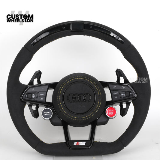 Audi Custom R8-Style Flat Bottom Steering Wheel – LED Rev Display, Alcantara Grip, Yellow Stitching, Black Paddles, Start Button | Fits A4, A5, S5, A6, A7, S6, S7, Q5, SQ5 + more | Plug & Play | With Airbag | Upgrade for Older Models Available