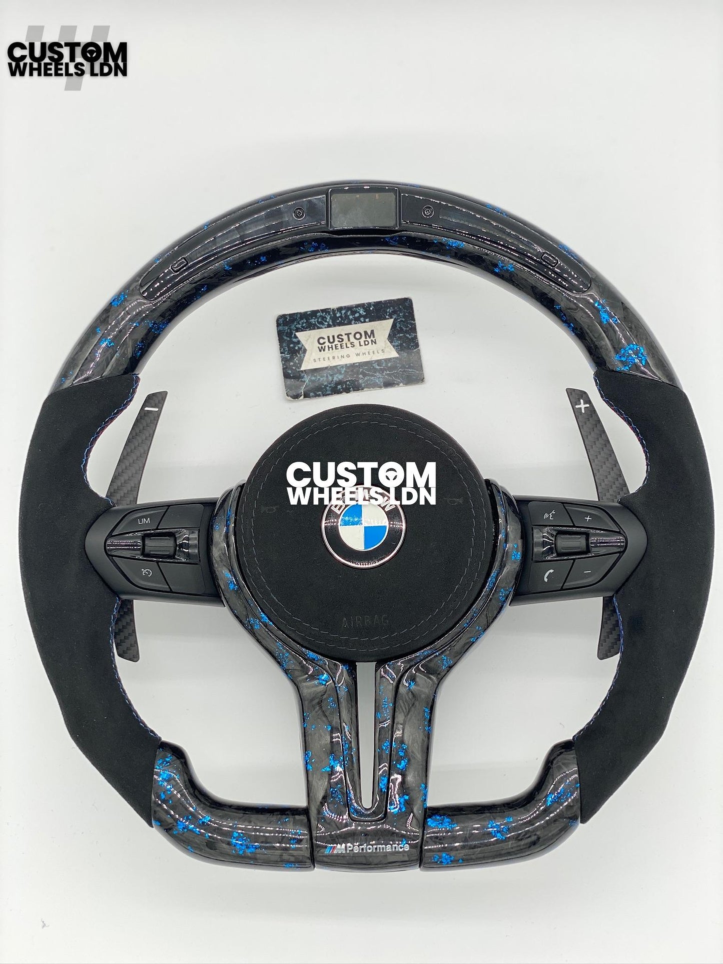 BMW Custom Blue Forged Carbon, Flat Bottom Steering Wheel –  LED Rev Display, Magnetic Extended Paddle Shifters | Fits F Series (1, 2, 3, 4, 5, X3, X4) + more | Plug & Play | Upgrade for Older Models Available