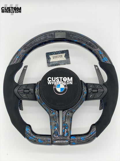 BMW Custom Blue Forged Carbon, Flat Bottom Steering Wheel –  LED Rev Display, Magnetic Extended Paddle Shifters | Fits F Series (1, 2, 3, 4, 5, X3, X4) + more | Plug & Play | Upgrade for Older Models Available