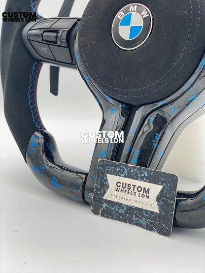BMW Custom Blue Forged Carbon, Flat Bottom Steering Wheel –  LED Rev Display, Magnetic Extended Paddle Shifters | Fits F Series (1, 2, 3, 4, 5, X3, X4) + more | Plug & Play | Upgrade for Older Models Available