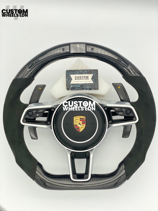 Porsche Custom Flat Bottom Steering Wheel – Carbon, Alcantara, Carbon Paddle Shifters, Multifunction Buttons | Fits 997.1, 991.1, 981, Cayman, Boxster, Panamera, Macan, Cayenne + more | Plug & Play | Upgrade for Older Models Available