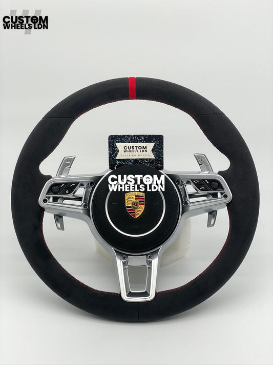 Porsche Custom Steering Wheel GT3RS Style – Alcantara, Silver Extended Paddles, Red Stitching & Stripe | Fits 997, 991.1, 987, Cayman, Boxster, Panamera, Macan, Cayenne + more | Plug & Play | With Airbag | Upgrade for Older Models Available