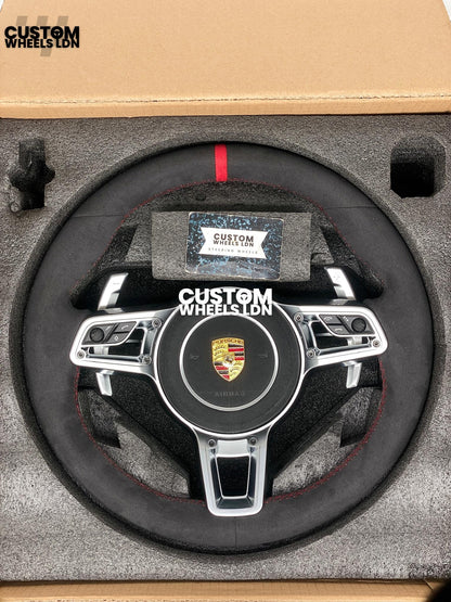Porsche Custom Steering Wheel GT3RS Style – Alcantara, Silver Extended Paddles, Red Stitching & Stripe | Fits 997, 991.1, 987, Cayman, Boxster, Panamera, Macan, Cayenne + more | Plug & Play | With Airbag | Upgrade for Older Models Available