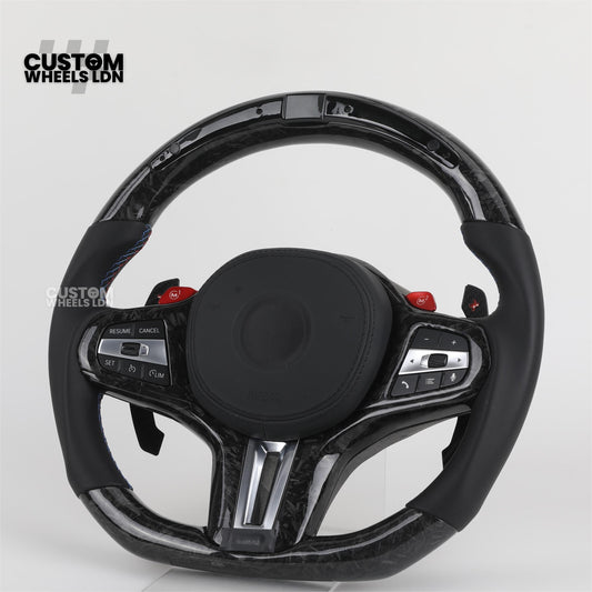 BMW Custom G Series Forged Carbon Steering Wheel with LED Display & Carbon Paddles – Flat Bottom – Fits G20 G21 G22 G23 G30 G31 G32 G14 G15 G16 G01 G02 + more