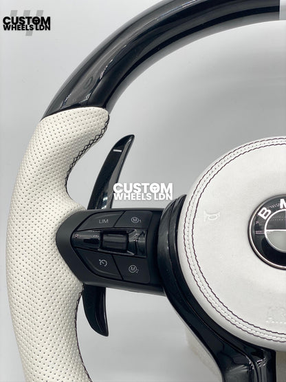 BMW Custom Flat Bottom Steering Wheel – Gloss Carbon, White Perforated Leather, Black Buttons, White Stripe | Fits F20, F22, F30, F32, F36, F87 + more | Plug & Play | Complete with Airbag | Upgrade for Older Models Available
