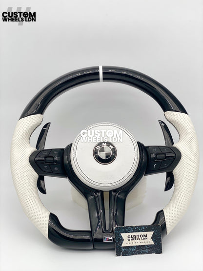BMW Custom Flat Bottom Steering Wheel – Gloss Carbon, White Perforated Leather, Black Buttons, White Stripe | Fits F20, F22, F30, F32, F36, F87 + more | Plug & Play | Complete with Airbag | Upgrade for Older Models Available
