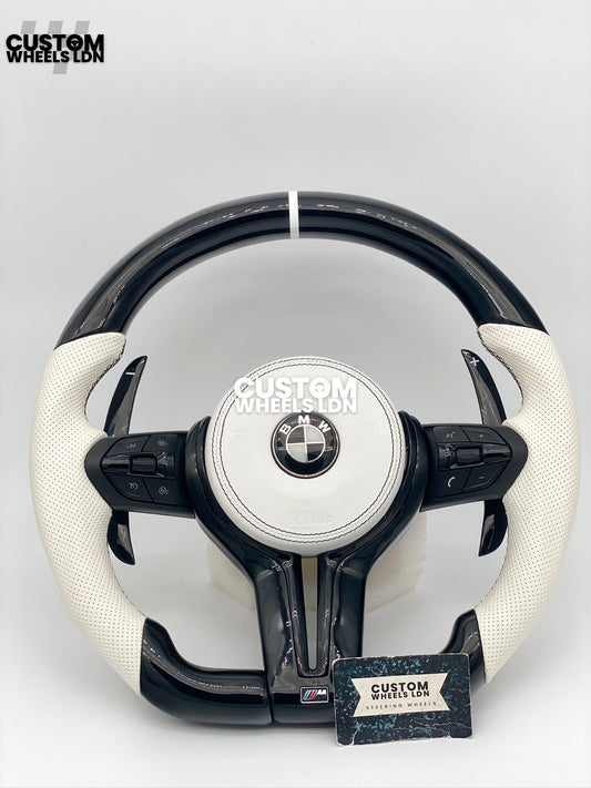 BMW Custom Flat Bottom Steering Wheel – Gloss Carbon, White Perforated Leather, Black Buttons, White Stripe | Fits F20, F22, F30, F32, F36, F87 + more | Plug & Play | Complete with Airbag | Upgrade for Older Models Available